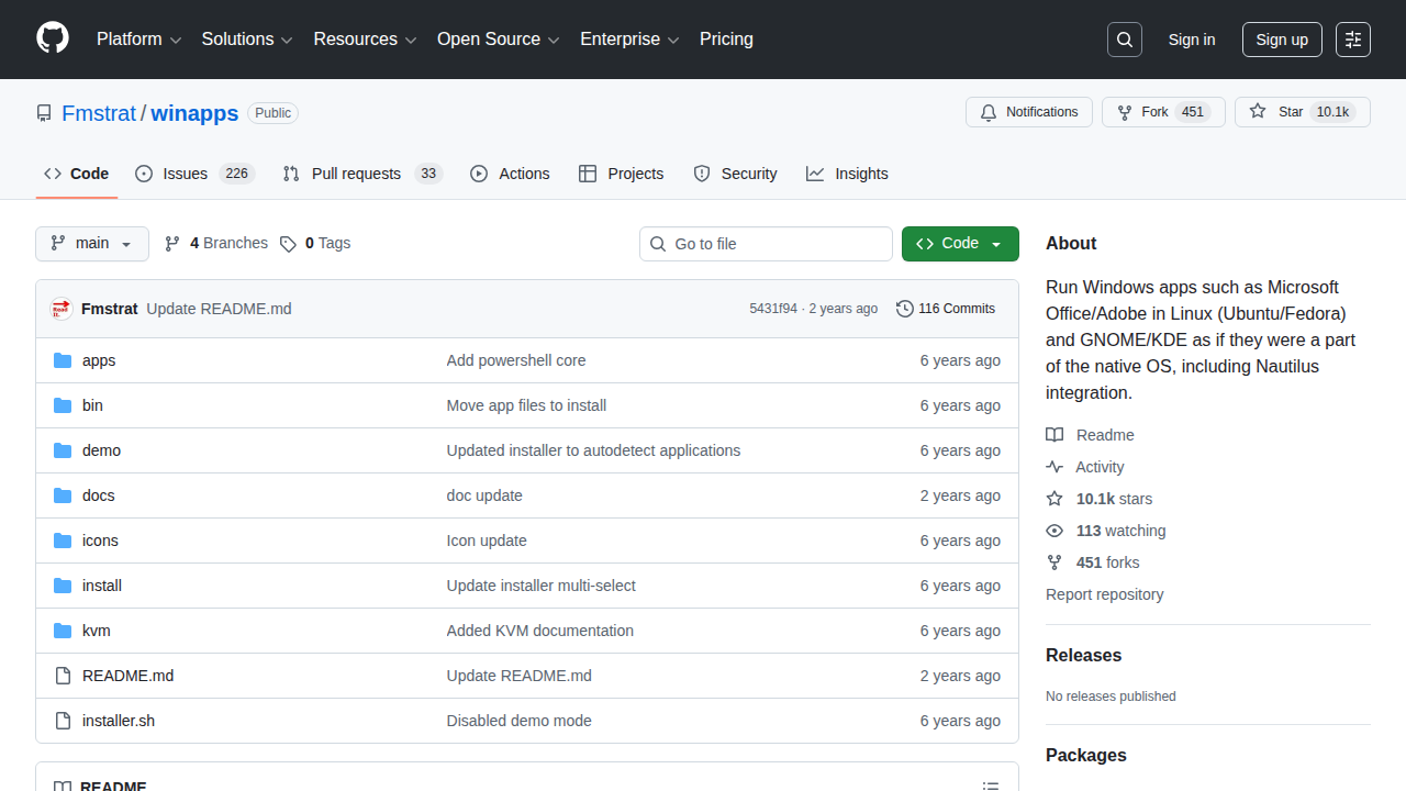 GitHub - Fmstrat/winapps: Run Windows apps such as Microsoft Office/Adobe in Linux (Ubuntu/Fedora) and GNOME/KDE as if they were a part of the native OS, including Nautilus integration.
