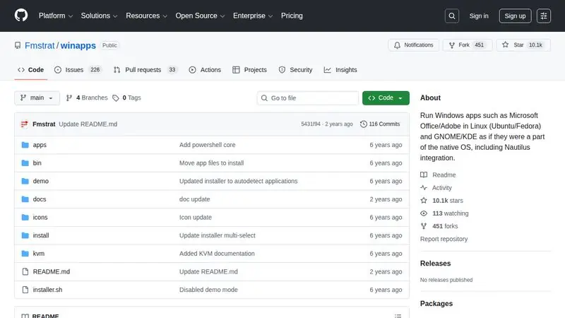 GitHub - Fmstrat/winapps: Run Windows apps such as Microsoft Office/Adobe in Linux (Ubuntu/Fedora) and GNOME/KDE as if they were a part of the native OS, including Nautilus integration.