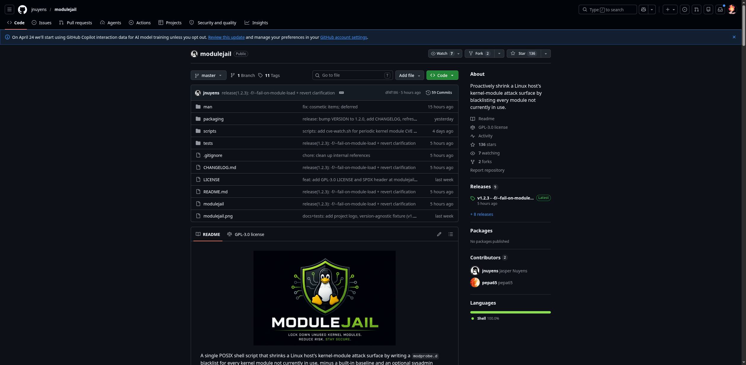 jnuyens/modulejail: Proactively shrink a Linux host's kernel-module attack surface by blacklisting every module not currently in use.