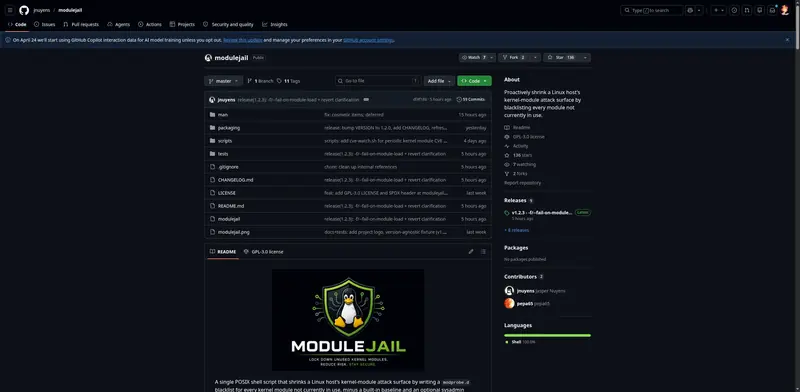 jnuyens/modulejail: Proactively shrink a Linux host's kernel-module attack surface by blacklisting every module not currently in use.