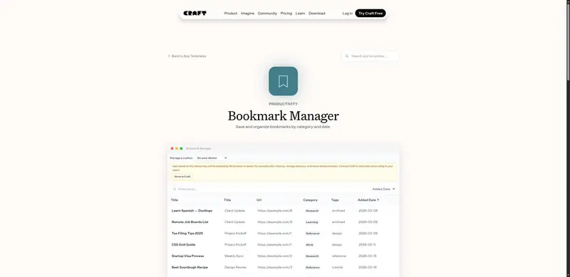 Bookmark Manager App — Free, Open-Source Template | Craft