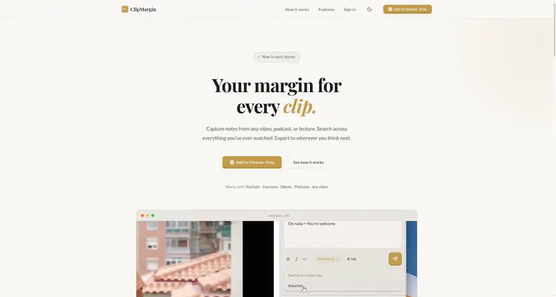 ClipMargin · Notes from every video, searchable forever