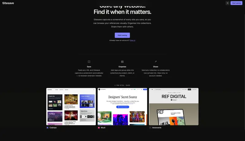 Sitesave — Save sites. Browse visually.