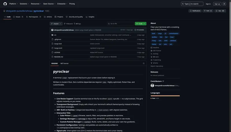 GitHub - shreyanth-sureshkrishnaa/pyroclear: Clear your terminal with a crackling wall of ASCII flames. · GitHub